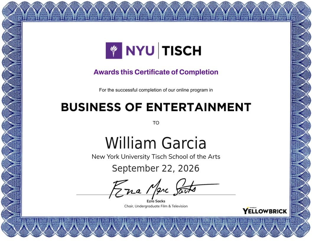 Business of Entertainment certificate