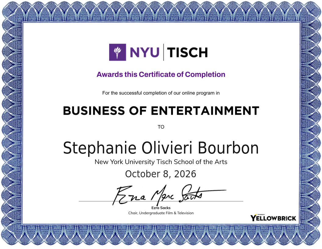 Business of Entertainment certificate