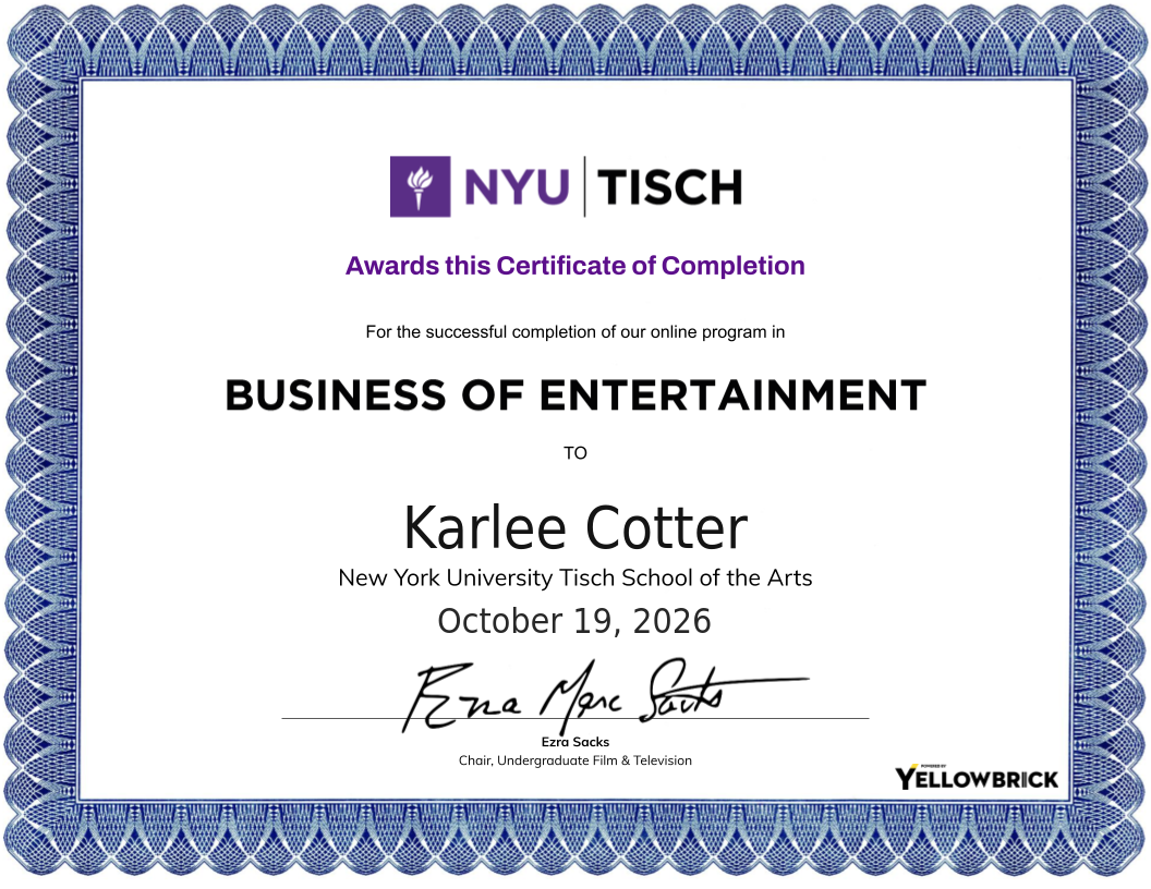 Business of Entertainment certificate
