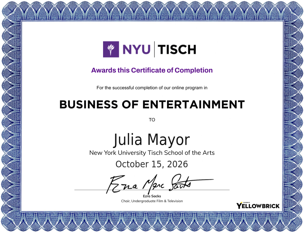 Business of Entertainment certificate