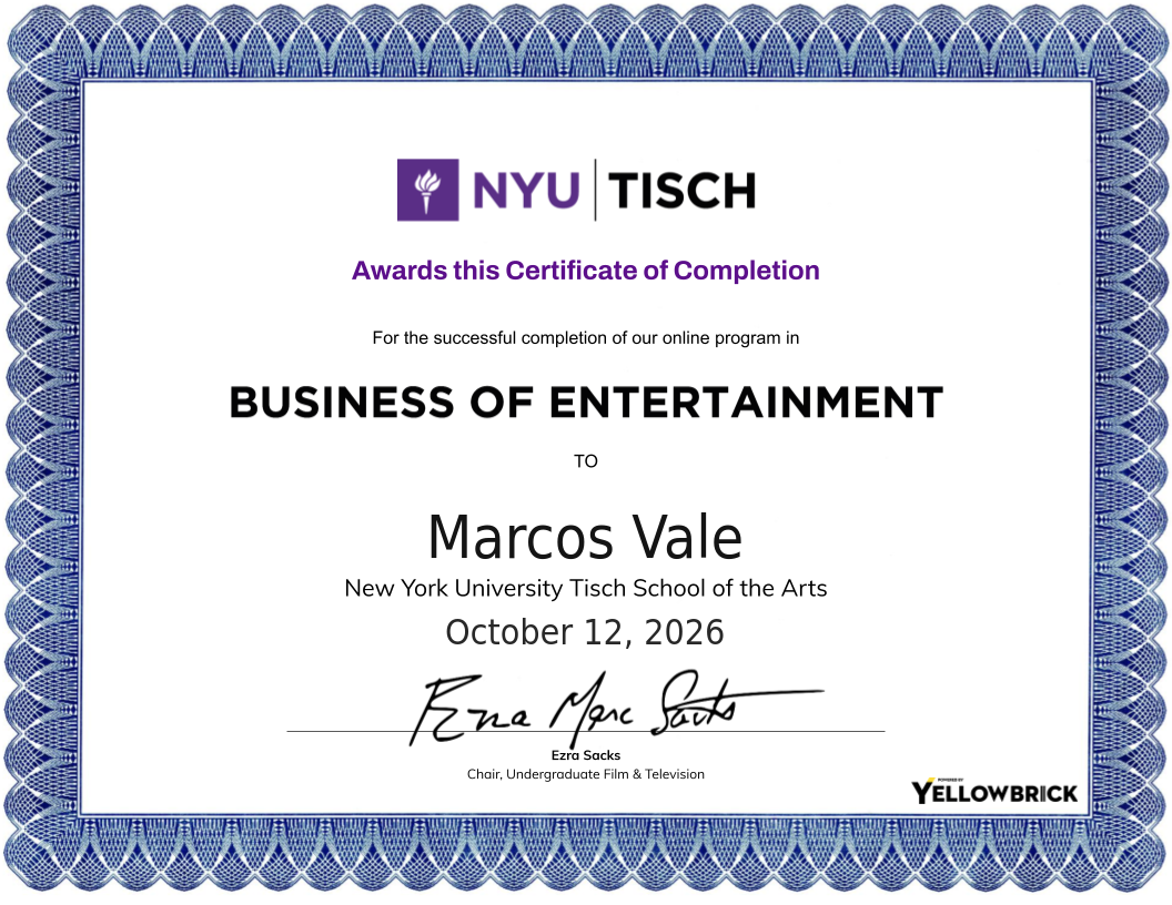 Business of Entertainment certificate
