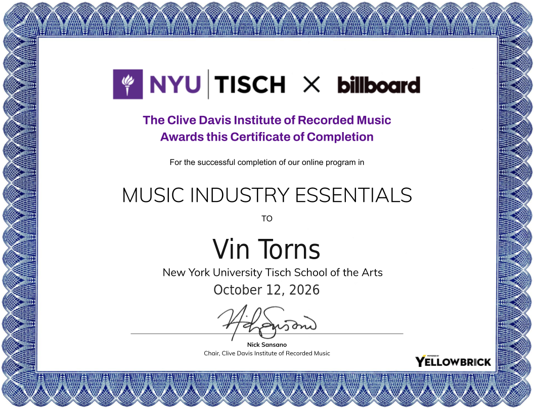 Music Industry Essentials certificate