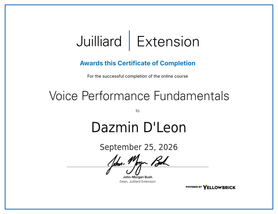 Voice Performance Fundamentals certificate
